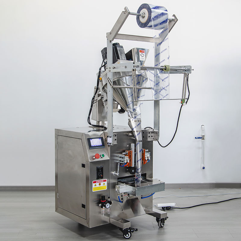 Generic powder form-fill-seal machine showing the hopper, film path and forming assembly